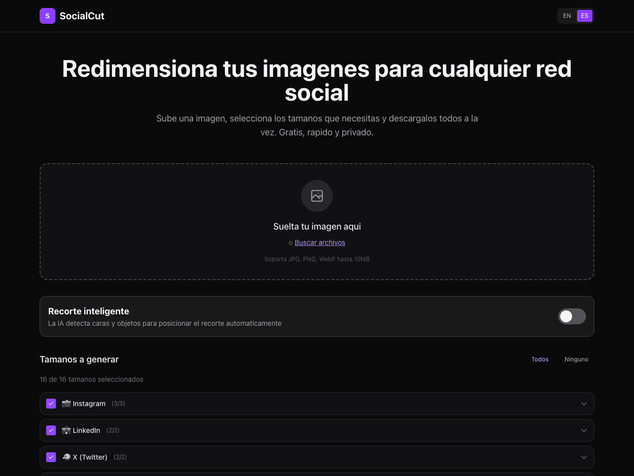 Interfaz de SocialCut preparando una imagen para distintos formatos de redes sociales